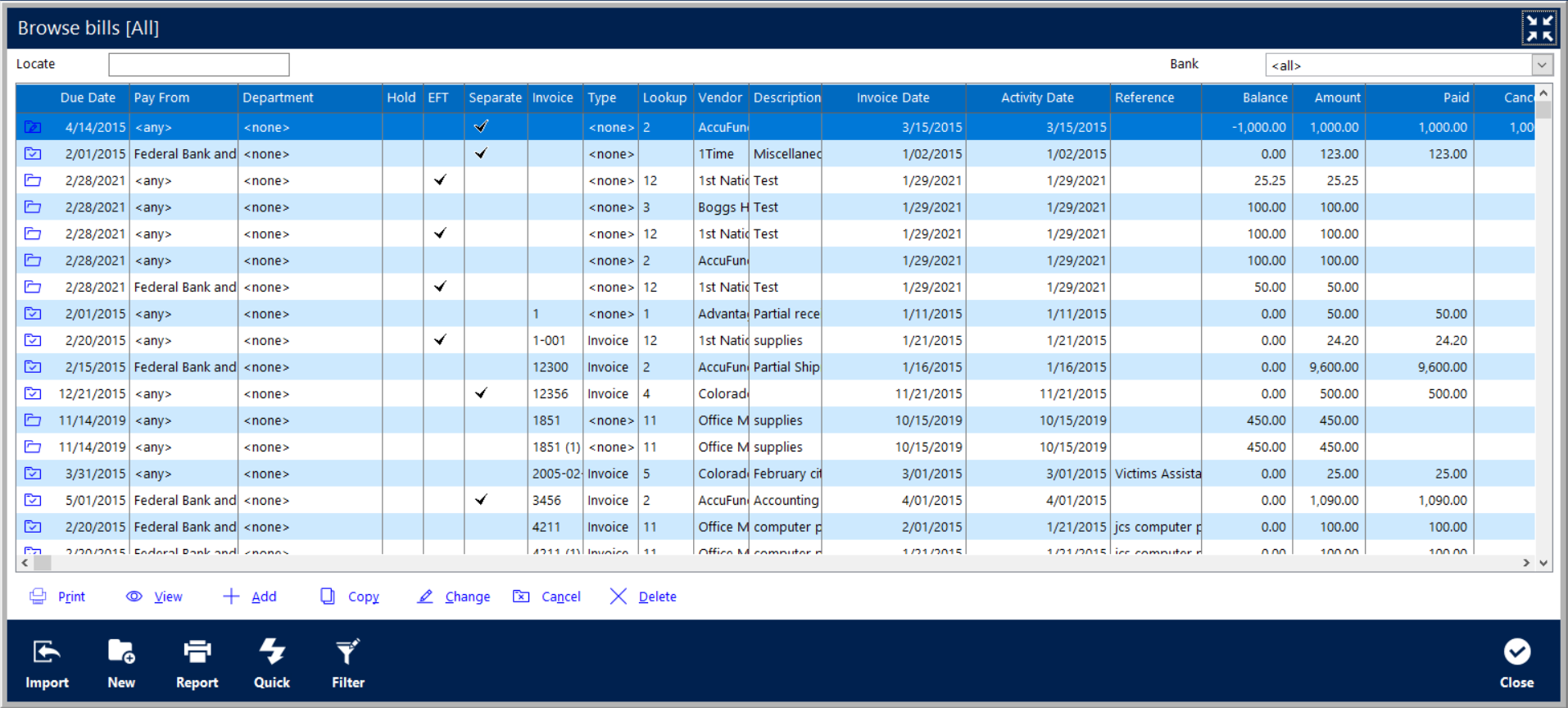 Accounts Payable Browse Bills Window