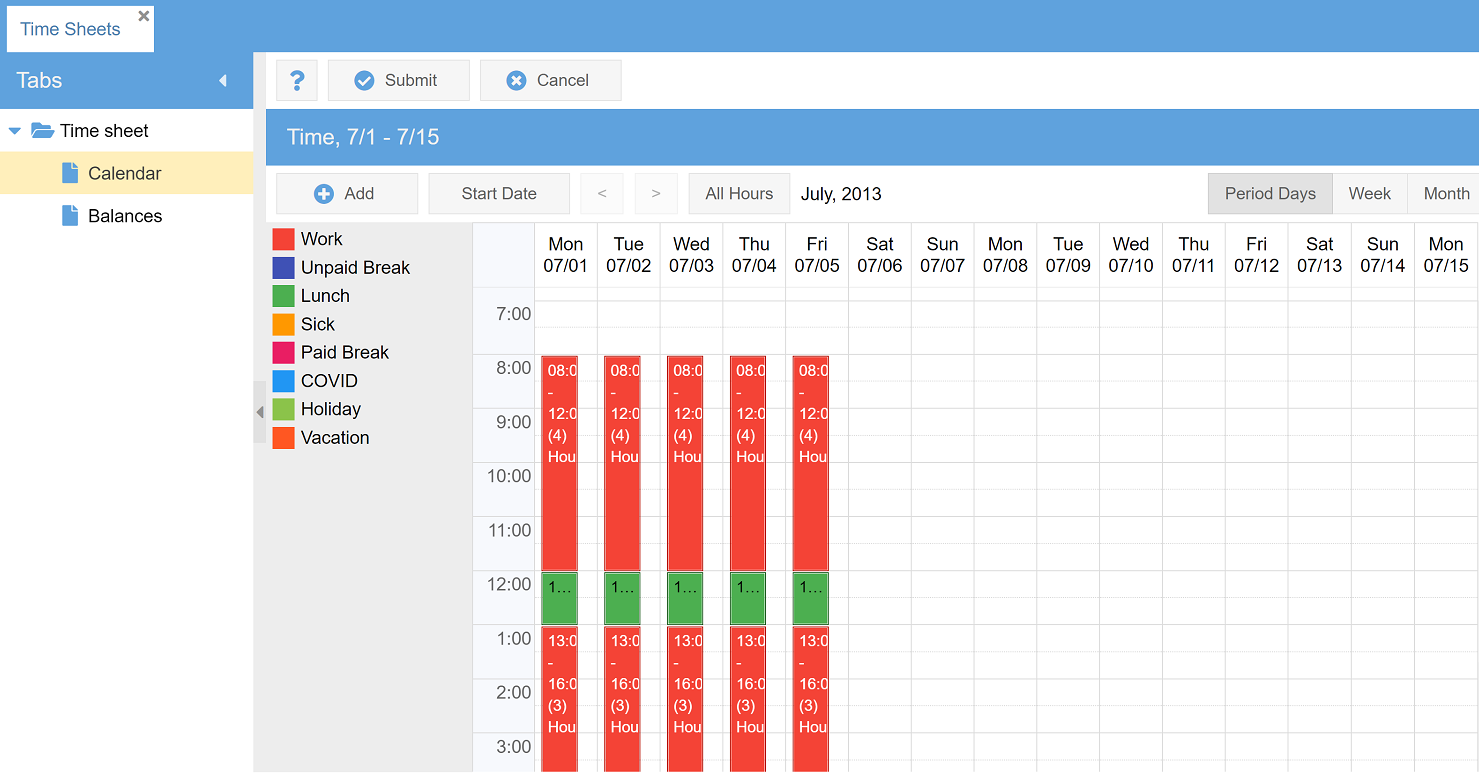 Web Portal Calendar Time Entry